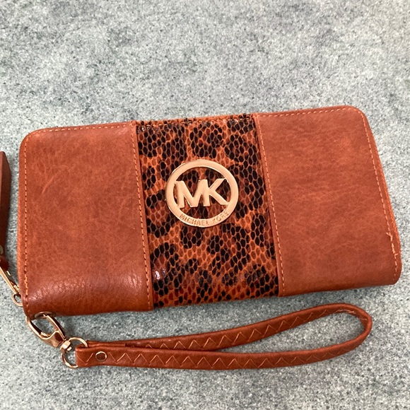 Michael Kors Handbags - Like New MK Michael Kors PU Leather Wallet Cognac w Snake Print Wrist Strap